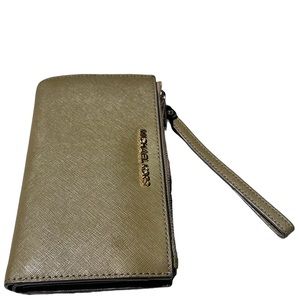 Olive green women's Michael Kors wallet wristlet with smartphone pocket